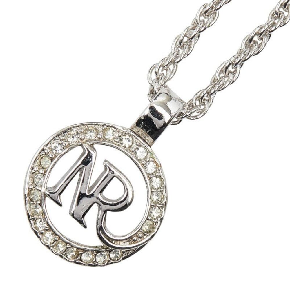 Nina Ricci Logo Rhinestone Metal Necklace Silver